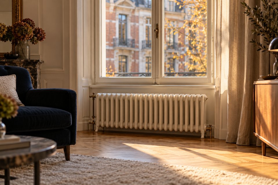 Salle à manger lumineuse d'un appartement bruxellois avec un radiateur en fonte blanc sous une haute fenêtre